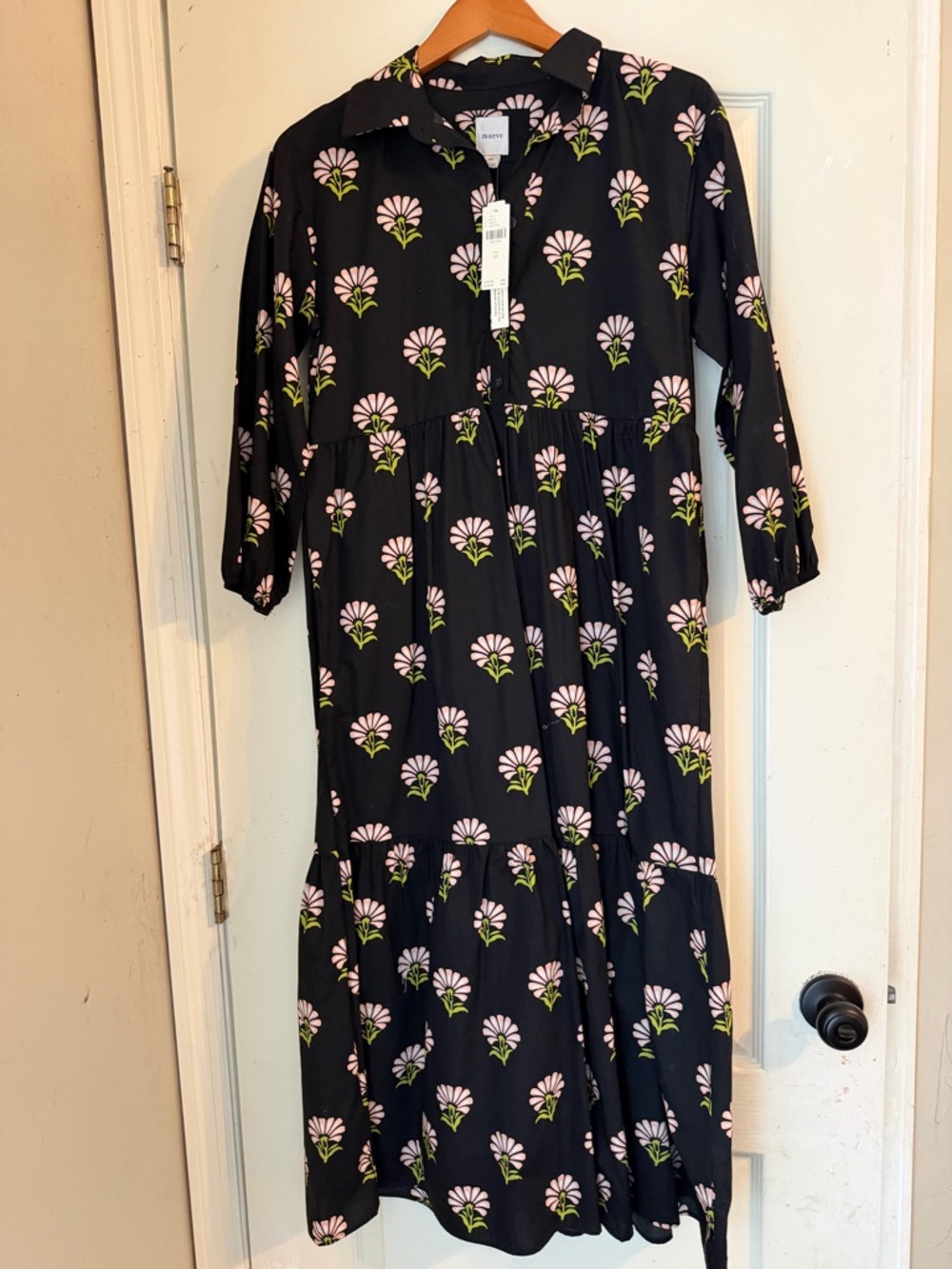 NWT Anthropologie Maeve Black Maxi Dress with Pink and Green Floral Print